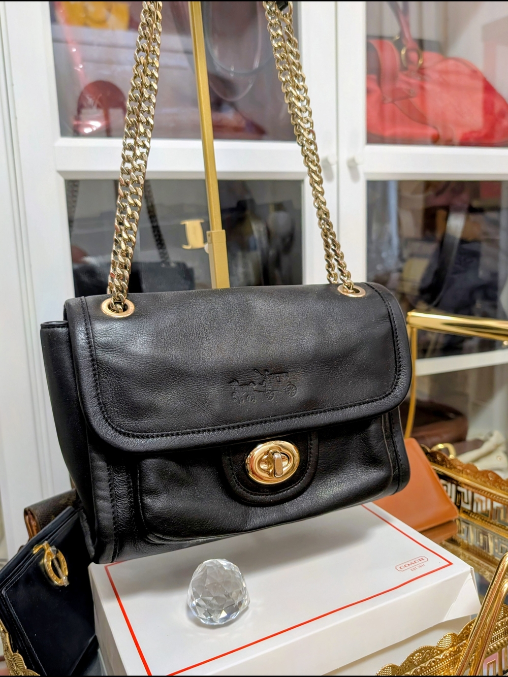 Coach Black Flap Leather Shoulder Bag with Gold Hardware